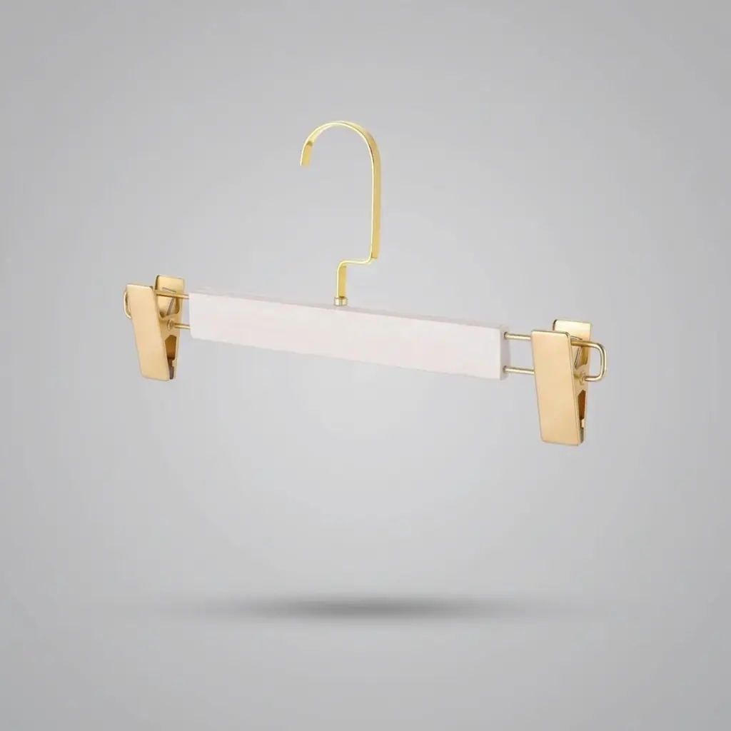 Beyaz Ahşap Mandallı Pantolon Askısı Etek Askısı Özel Seri Gold Lama Kancalı